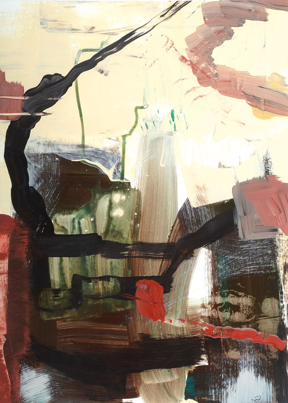 Zeitgenössische Pfälzer Künstlerin, Landschaft, Acryl/ Mischtechnik/Papier, monogrammiert S.J., Ausschnitt ca. 49x36 cm, Rahmen 60x50 cm, unter ...