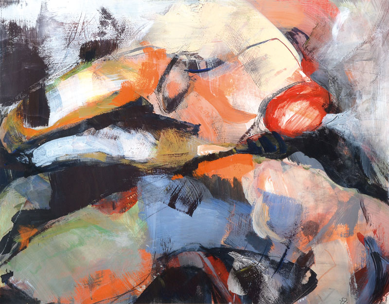 Zeitgenössische Pfälzer Künstlerin, Körper-Landschaft, Acryl/Mischtechnik/Papier, monogrammiert S.J., Ausschnitt 37x47 cm, Rahmen 50x60 cm, unter ...