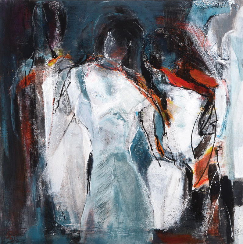 Detail a: Zeitgenössische Künstlerin, Tryptichon, Acryl/ Mischtechnik auf Lwd, 3-teilig, jeweils monogr. R.S., je 60x60 cm