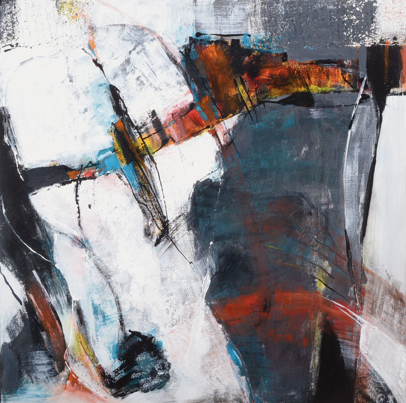 Detail b: Zeitgenössische Künstlerin, Tryptichon, Acryl/ Mischtechnik auf Lwd, 3-teilig, jeweils monogr. R.S., je 60x60 cm