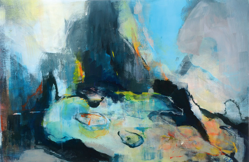 Zeitgenössische Künstlerin, Teichlandschaft, Acryl auf Papier, monogr. R.S., Ausschnitt ca. 41x62 cm, Rahmen 60x80 cm, unter Glas