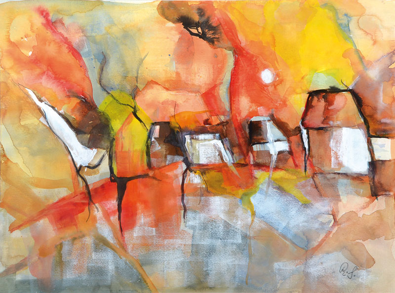 Zeitgenössische Künstlerin, Dorflandschaft, Acryl/Mischtechnik auf Papier, monogr. R.S., PP, ca. 35x47 cm, Rahmen 60x50 cm, unter Glas