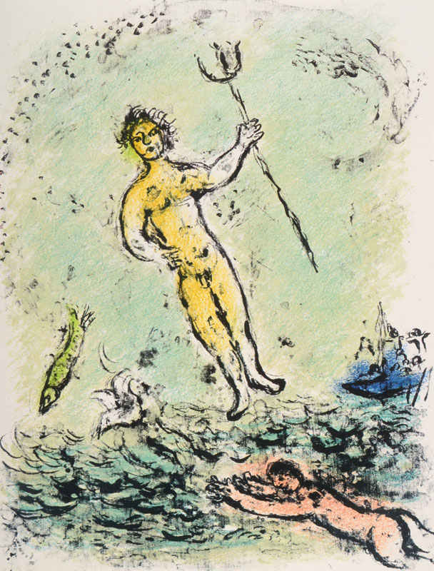 Marc Chagall, 1887-1985, Konvolut aus vier Grano-Farblithographien, aus: Die Odyssee, "Theoklymenos", "Die Fluten verschlingen ...