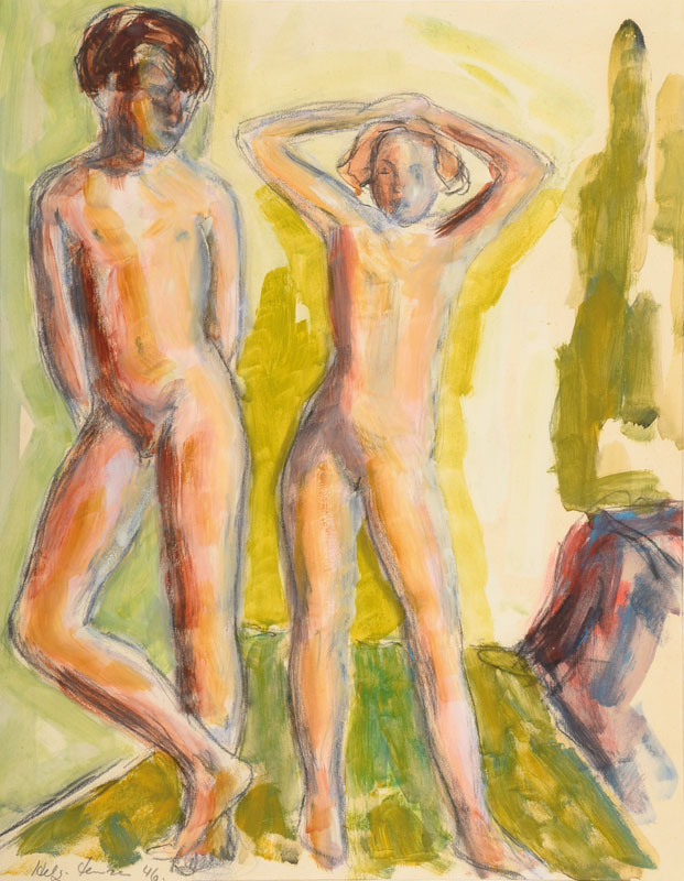Helge Jensen, 1899-1986, zwei Akte in Landschaft, Gouache über Bleistift, links unten signiert und datiert 46, ca. 39x30cm, unter Glas, Rahmen