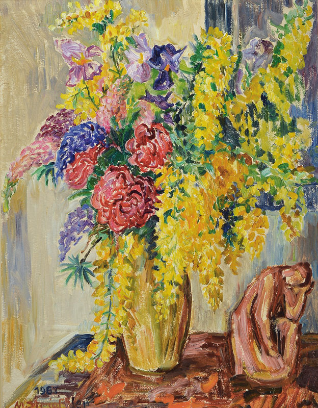 Marie Strieffler, 1917-1987 Landau, Blumenstillleben mit Skulptur, Öl/Lwd, links unten signiert und datiert 1967, ca. 75x59cm, R.