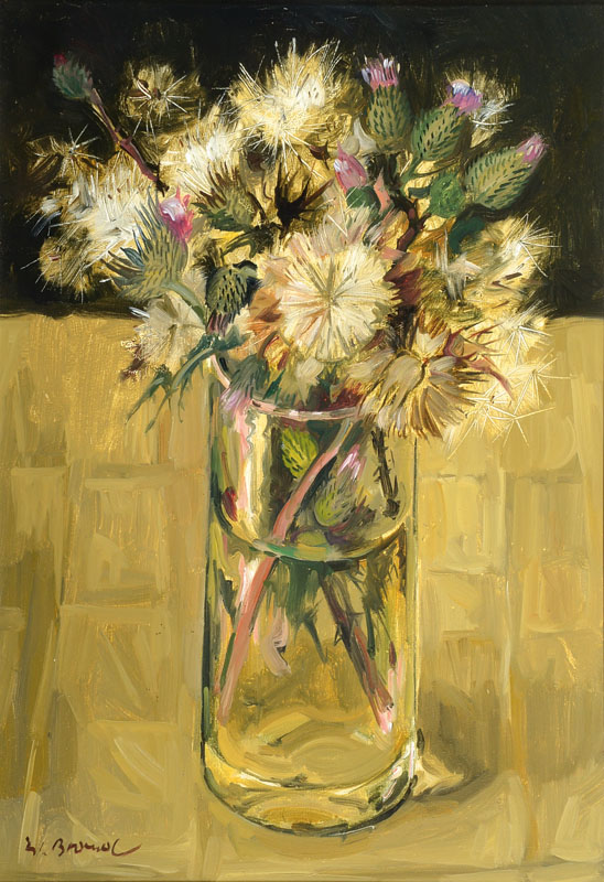 Werner Brand, geb. 1933, Stillleben mit Disteln, Öl/Malkarton, links unten signiert, ca. 29x20 cm, Rahmen