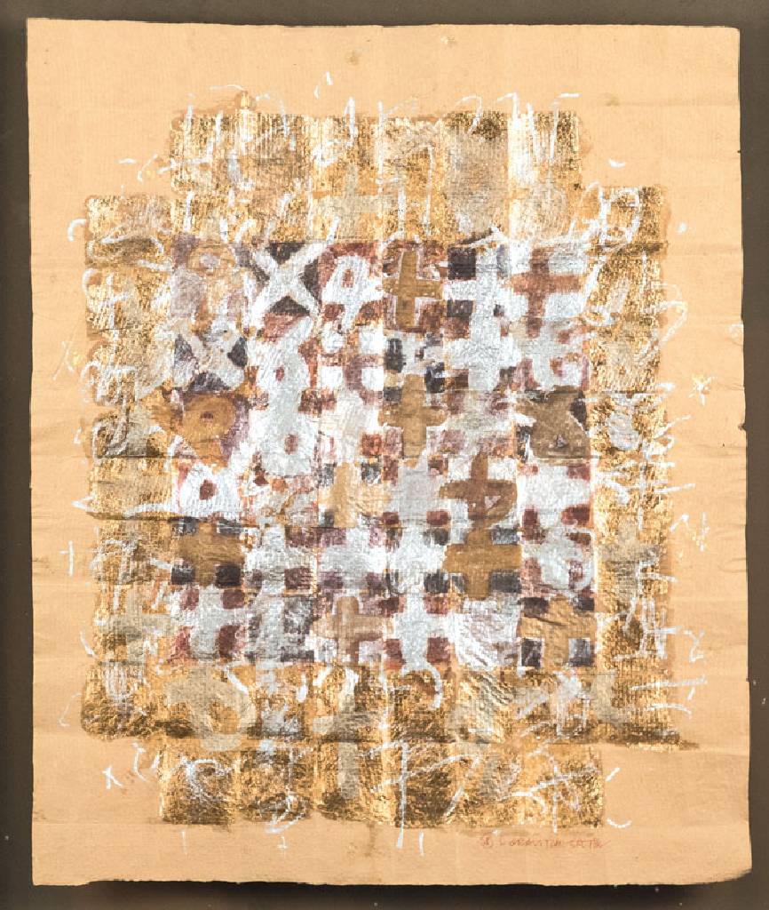 Silviu Oravitzan Cretzu, geb. 1941, Abstrakte Komposition, Mischtechnik und Blattgold auf braunem Papier, rechts unten signiert, ca. 51x42cm, unter ...
