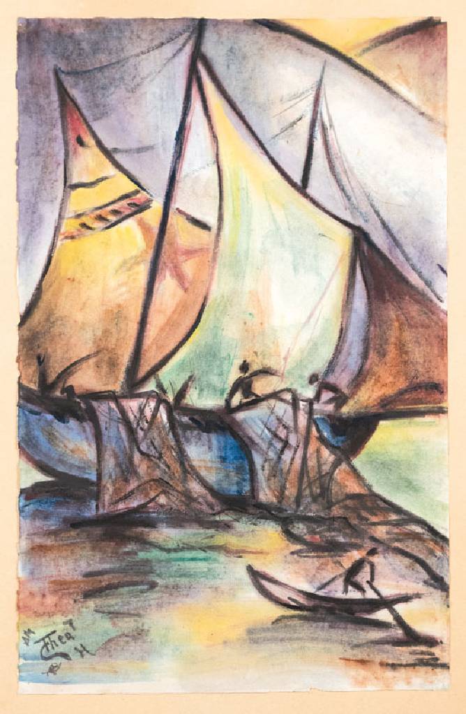 Thea Schleusner, 1879 Wittenberg-1961 Berlin, Fischer auf ihrem Boot, Kreide und Aquarell auf Papier, links unten signiert, ca. 46x29cm, unter Glas, ...