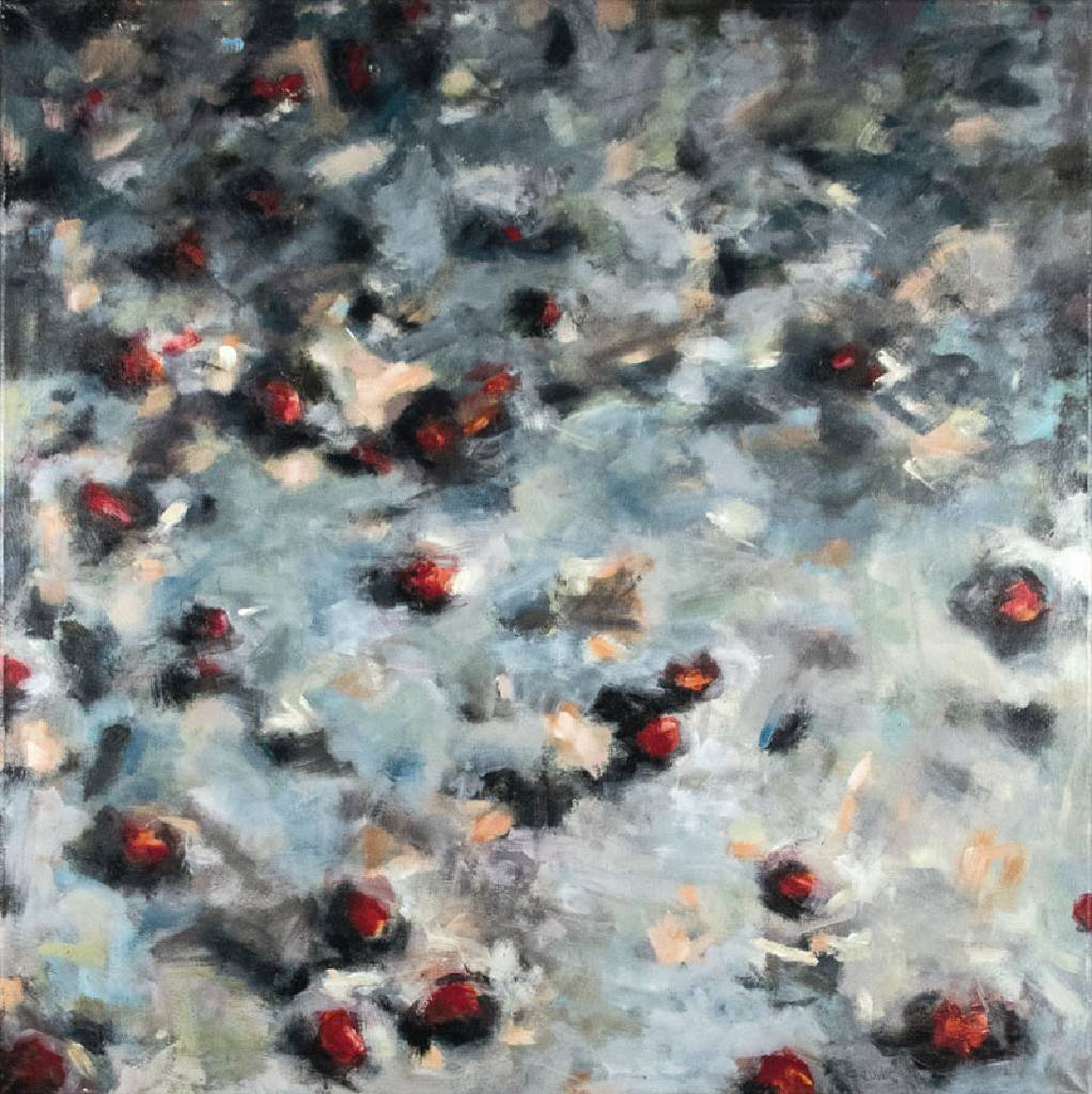 Susanne Lorenz, Mannheimer Künstlerin, Rote Beeren, Mischtechnik/Lwd, rechts unten signiert, datiert 08, ca. 100x100cm, schwarzer Schattenfugenrahmen