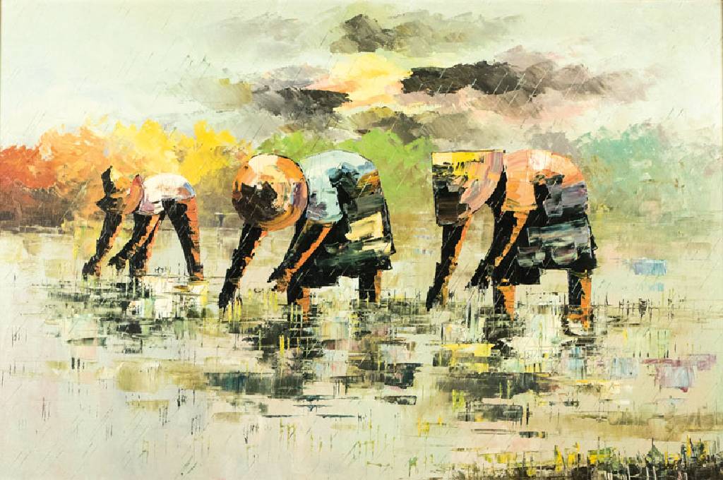 Unbekannter Asiatischer Maler, Reisernte, Öl/Hartfaser, rechts unten signiert, ca. 60x90 cm, Rahmen