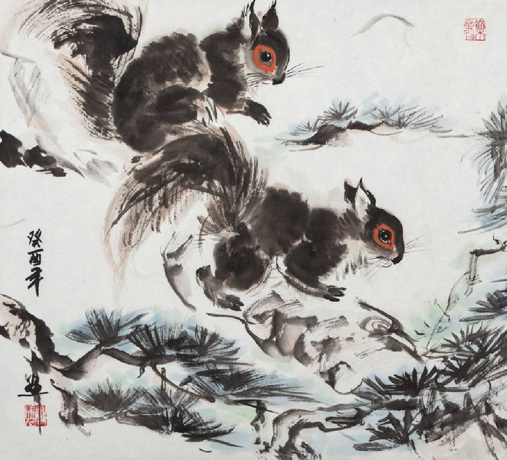 Zhang Leyi, geb. 1952, zwei Tuschezeichnungen, signiert und gestempelt, 1x Eichhörnchen, ca. 41x45cm; 1 x galoppierende Pferde, ca. 68x43cm, beide ...