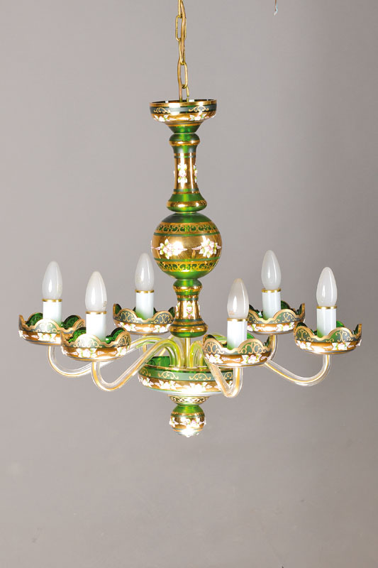 Deckenlampe, Murano, 2. Hälfte 20. Jh., meist grünes Glas, mit floraler Emailmalerei, 6 Brennstellen, farblose Arme, Goldstaffage, intakt, Elektr. ...