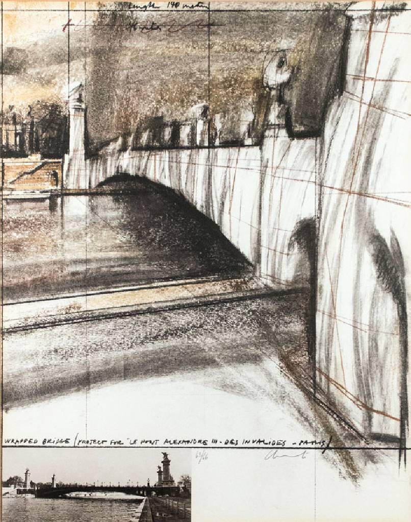 Christo geb. 1935 Farblithografie, Wrapped Bridge (project for le pont Alexandre), 1977, unten rechts sign., num. 63/66, Blattgr. 71x55cm, unter ...