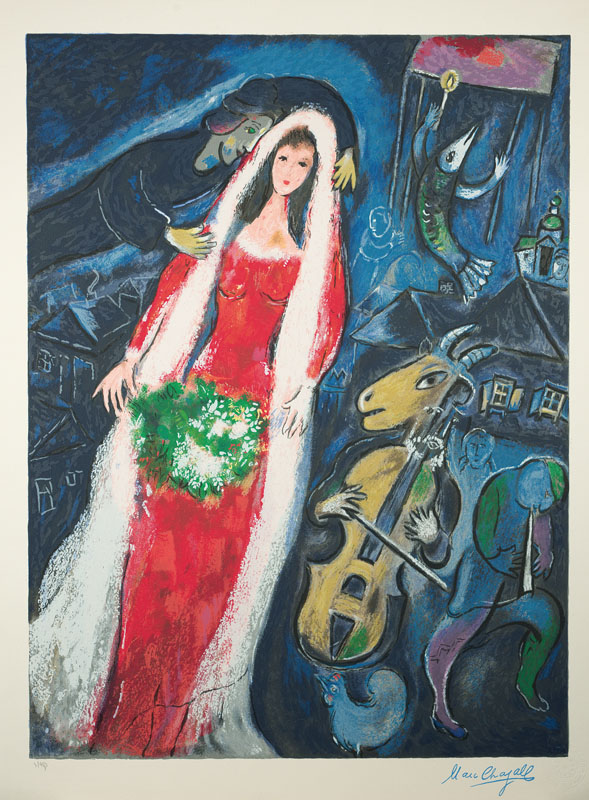 Marc Chagall, 1887-1985, Farbsiebdruck, Les Maries au village, Reproduktion eines Gemäldes, Verlag: Ketem Meshi Jerusalem, drucksigniert, nummeriert ...