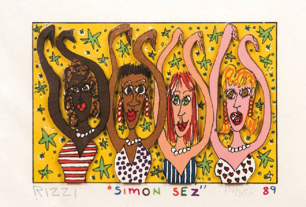 James Rizzi, 1950-2011, Simon Sez, 3D-Lithographie, 1989, sign. u. num. 151/350, Motiv 8,5x13 cm, Blattgr. 17,5x20 cm