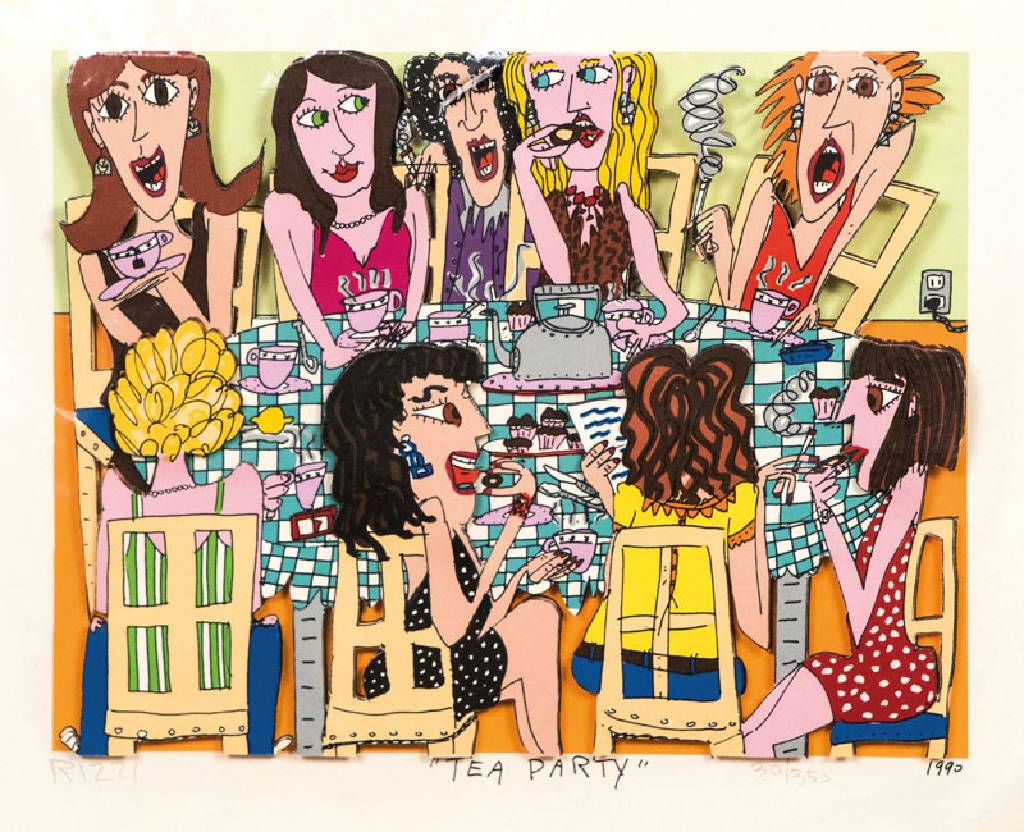 James Rizzi, 1950-2011, Tea Party, 3D-Lithographie, 1990, sign. u. num. 30/350, Motiv 18,5x24 cm, Blattgr. 26x31,5 cm