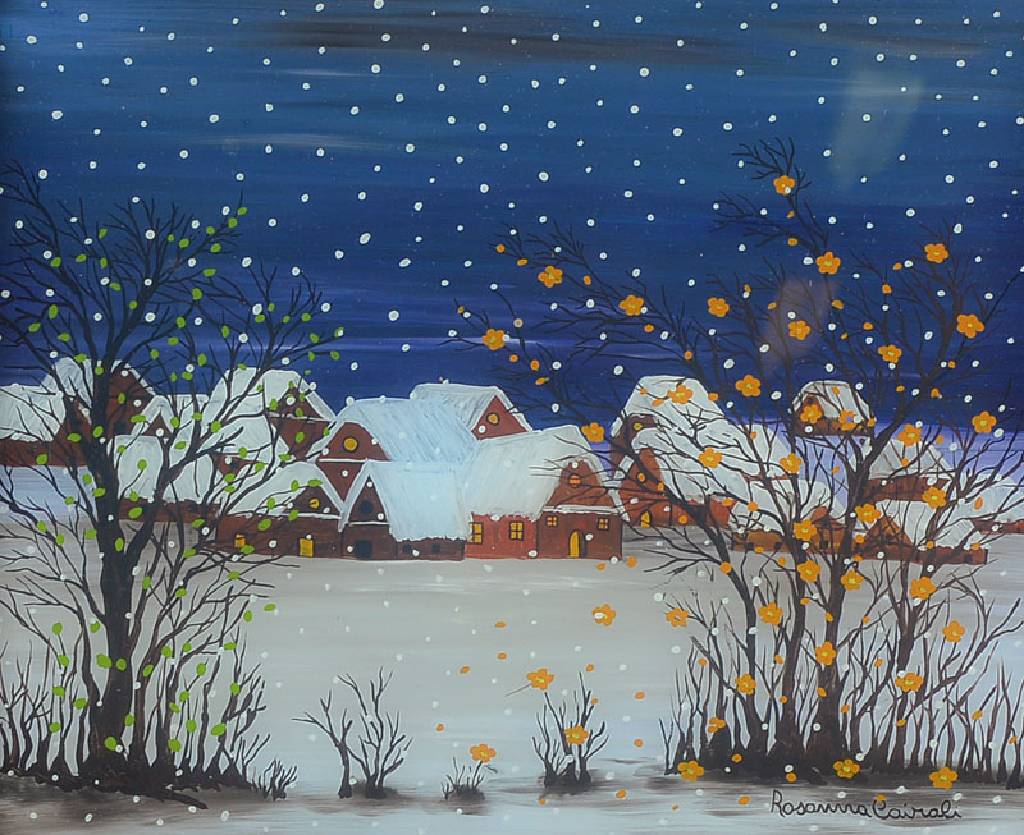 Rosanna Cairali, 2. Hälfte 20. Jh., Winterlandschaft mit Dorf am Horizont, Öl/Karton, sign., ca. 27x32 cm, unter Glas gerahmt