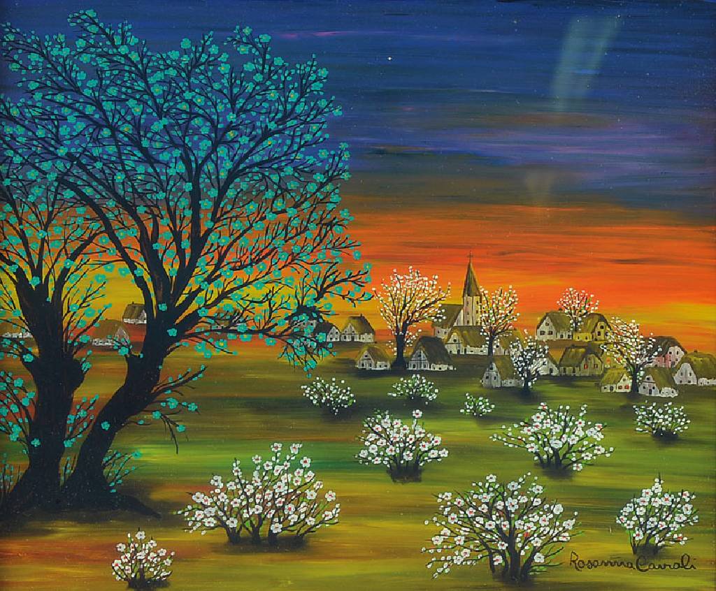 Rosanna Cairali, 2. Hälfte 20. Jh, Baumblüte im Abendrot, Öl/Karton, sign., ca. 27x32 cm, unter Glas gerahmt