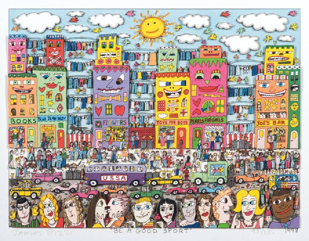 James Rizzi, 1950-2011, 3D-Lithographie, Be a good Sport, sign. u. num. 95/350, dat. 1998, Motiv 30,5x40,5 cm, unter Glas gerahmt