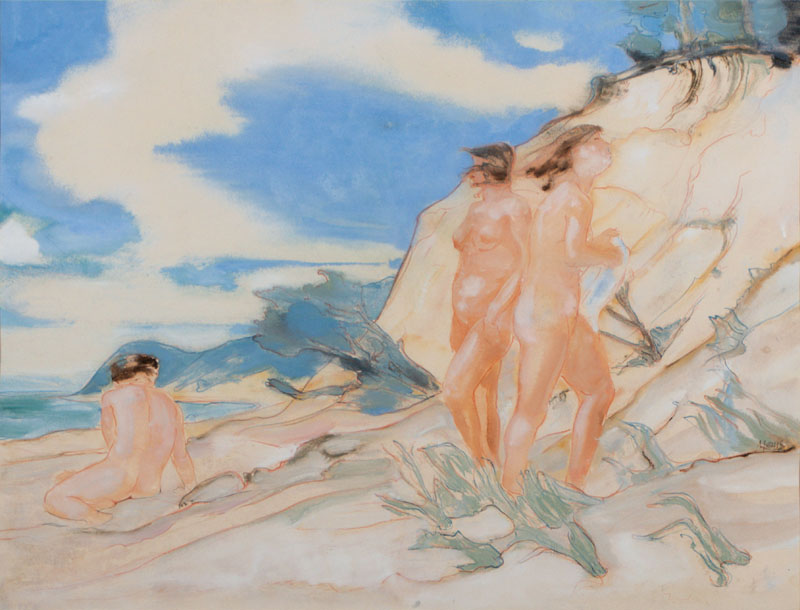 Max Kaus, 1891-1977 Berlin, Heller Tag an der Ostsee, Gouache, Aquarell und Farbkreide auf Bütten, rechts unten signiert MKaus, rückseitig ...
