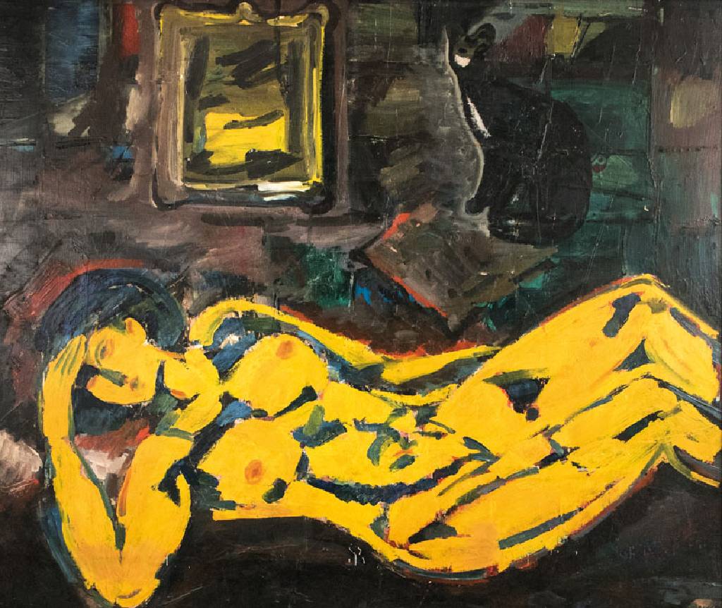 Karl Rödel, 1907 Neu Isenburg - 1982 Mannheim, Studium an der Akademie in Leipzig, Liegender Akt, Öl/Platte, rückseitig signiert, ca. 115x137 cm, ...