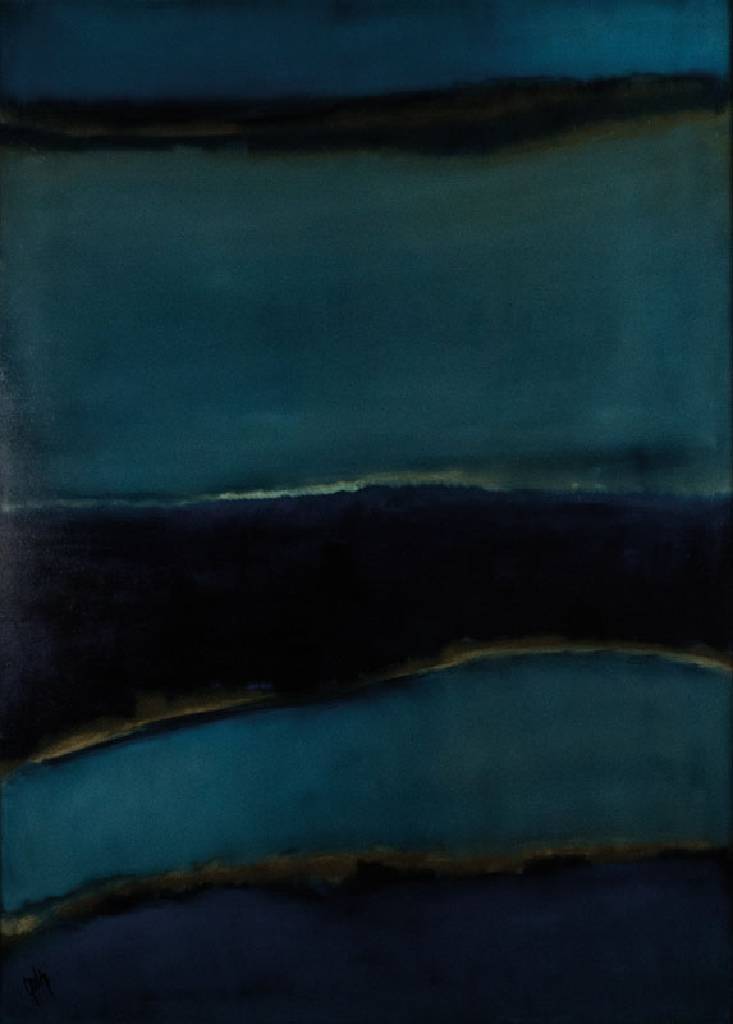 Gaston Galé, zeitgenössischer Belgischer Künstler, Abstrakte Komposition in Blautönen, Acryl/Lwd, links unten signiert, 140x100 cm, Leiste