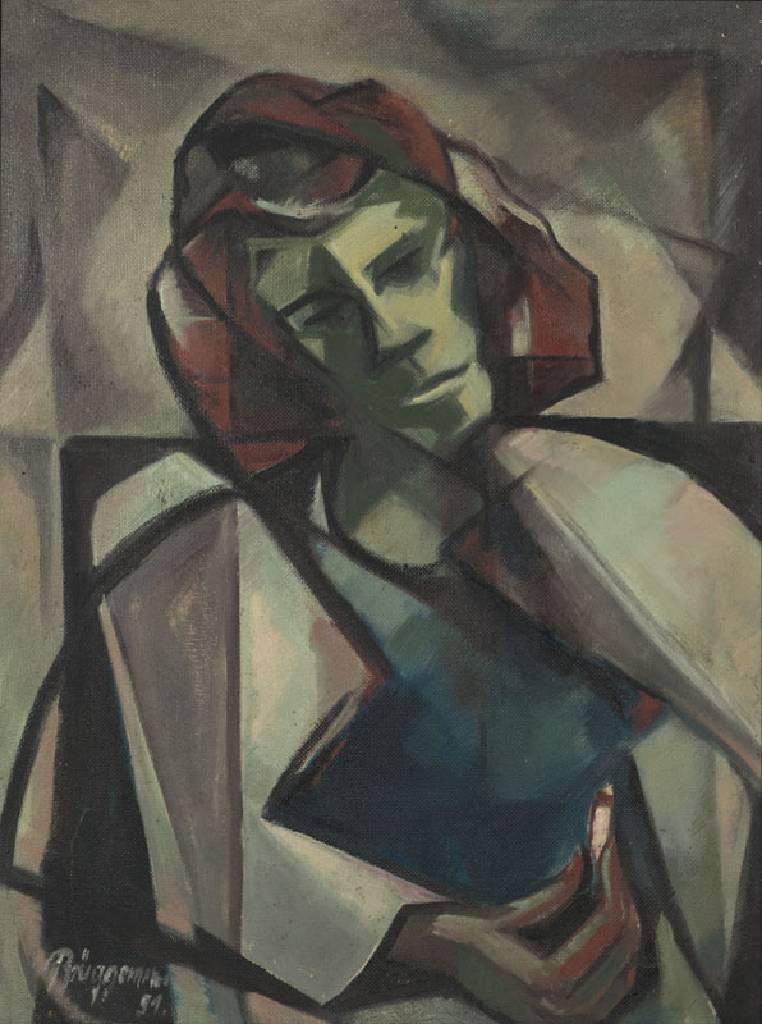 Wilhelm Brüggemann, Deutscher Maler Mitte 20. Jhd., Frauenbildnis in kubistischer Darstellung, Öl/Hartfaser, signiert, ca. 71x54cm