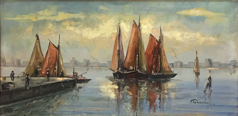 Unbekannter Künstler, Lagune mit Segelbooten, Öl/Lwd, verso Ortsangabe, ca. 47x87 cm, opulenter Rahmen