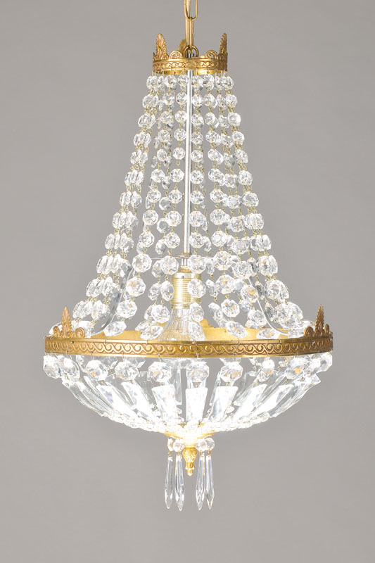 Korblüster, deutsch, 60/70er Jahre, Messingmontur, 1 Brennstelle inneliegend, Elektrifizierung nicht geprüft, H. ca. 84 cm, D. ca. 37 cm