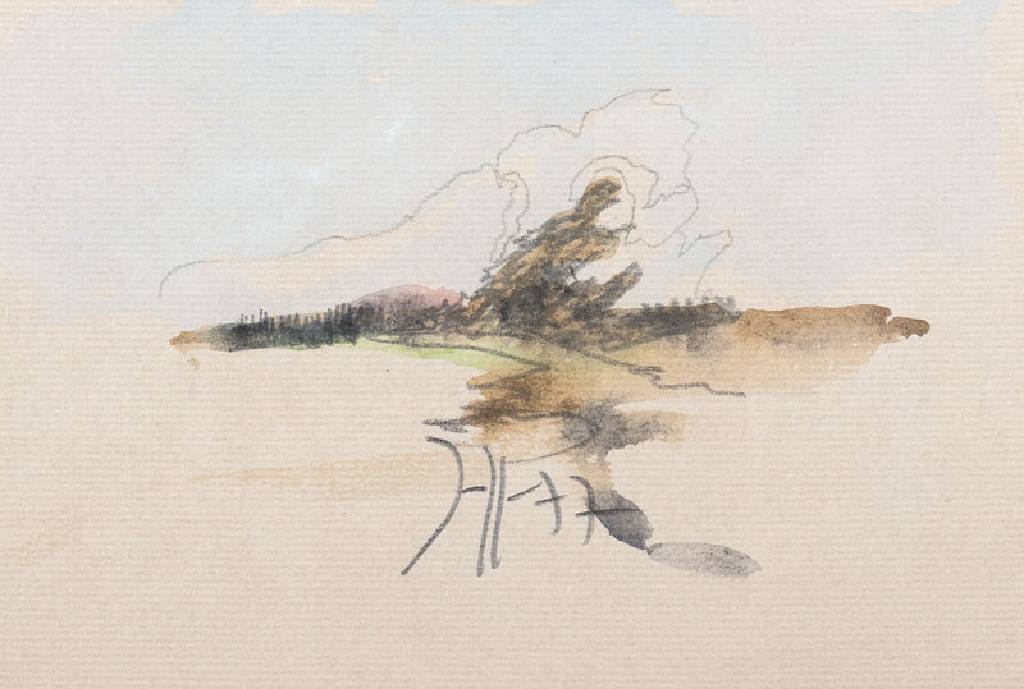 Horst Janssen, 1929-1995, Landschaft, Aquarellierte Zeichnung auf Papier, monogrammiert und datiert 77, Blattgr. ca. 14x21 cm, unter Glas gerahmt