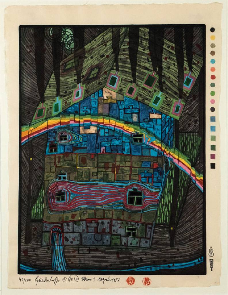 Friedensreich Hundertwasser, 1928-2000, Fluss unter Dach, Japanischer Farbholzschnitt, sign. u. num. 43/200, WVZ Nr. HWG 86, sehr selten, Blattgr. ...