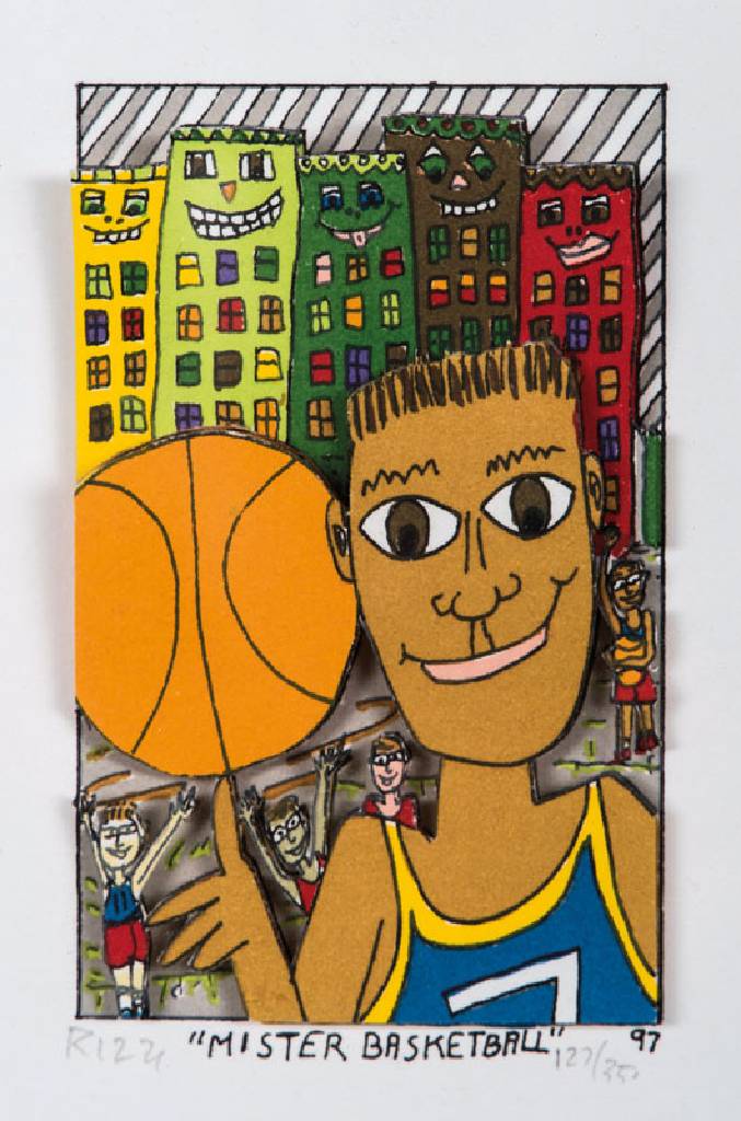 James Rizzi, 1950-2011, Mister Basketball, 3D-Lithographie, sign. u. num. 129/350, 1997, Motiv 10x6,5 cm, unter Glas gerahmt