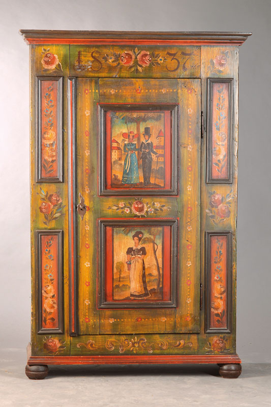 Bauernschrank bzw. Hochzeitsschrank, wohl Hessen, dat. 1837, Weichholz gefaßt, 1-türig, Füllungsfelder mit Personenstaffage, altersbedingte l. ...
