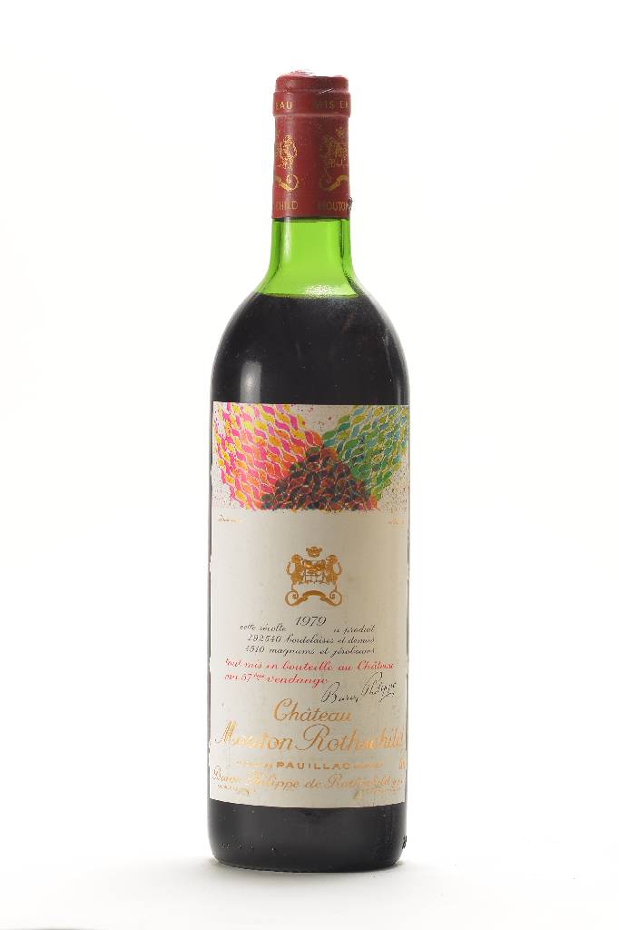 3 Flaschen 1979 Mouton Rothschild, Pauillac,Künstleretikett: Hisao Domoto, je ca. 75 cl, Füllstände: upper mid shoulder und top shoulder, ...