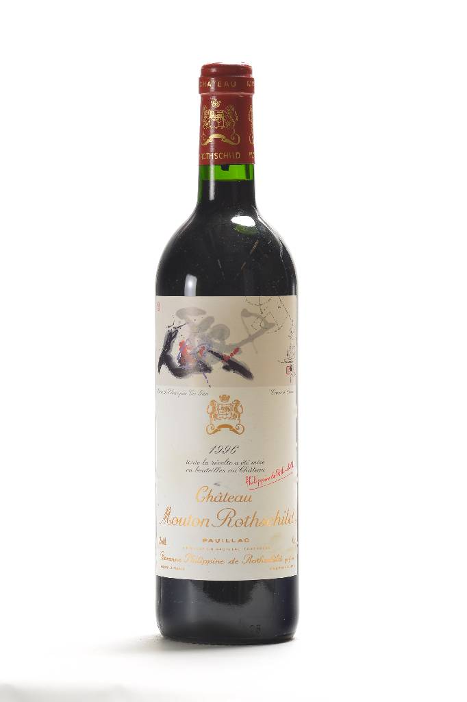 2 Flaschen 1996 Chateau Mouton Rothschild, Pauillac, Künstleretikett: Gu Gan, 12,5 % Vol., je ca. 75 cl, Füllstände: je ca. into neck,unverkostet, ...