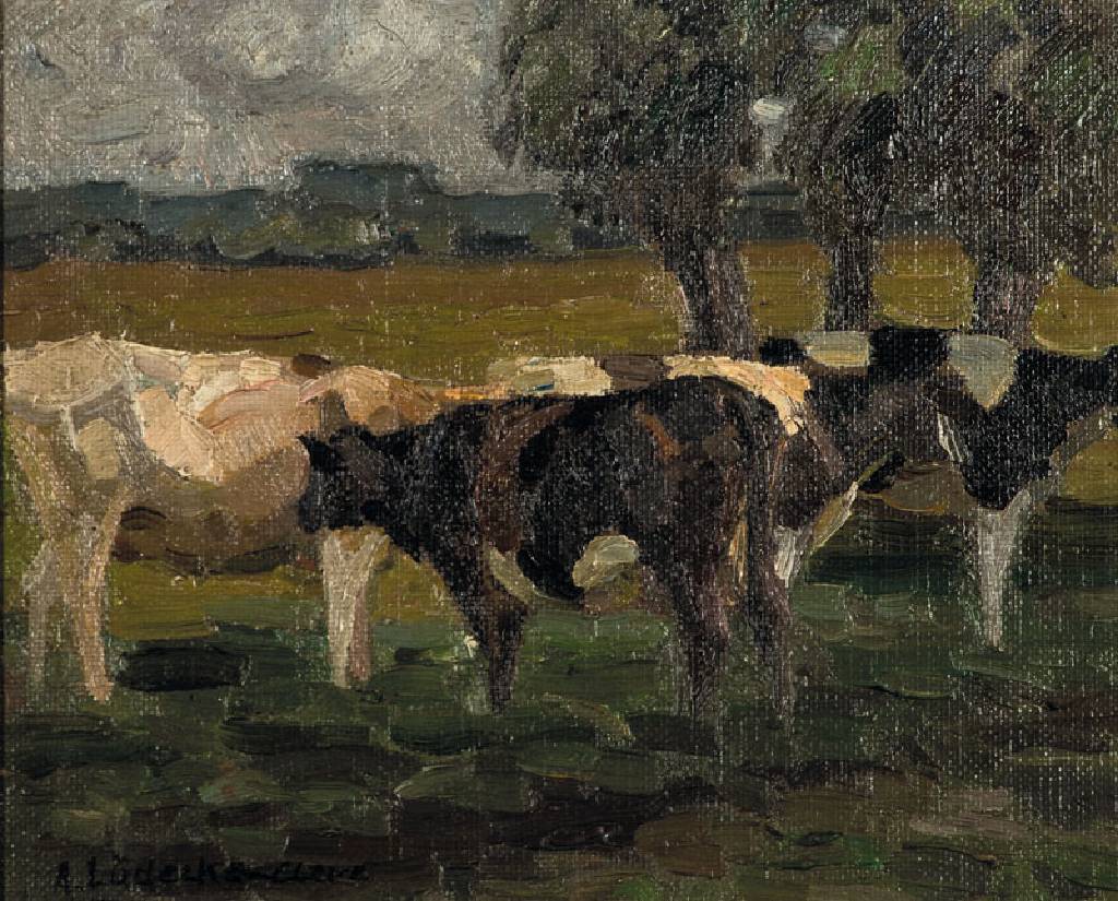 August Lüdecke-Cleve, 1868-1957, Öl/Malplatte, Kühe auf Weide, links unten signiert, ca. 25x30 cm, Rahmen