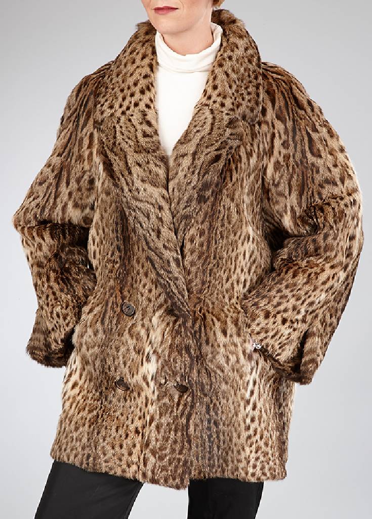 Leopardkatzenjacke, Gr. ca. 38, (Felis bengalensis chinensis), längsverarbeitete Felle, Ärmel mit Manschetten, Reverskragen, 2 seitliche ...