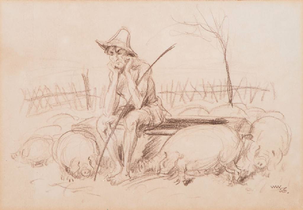 Willy Weber, 1895-1959, Ludwigshafen, Der Schweinehirt, Zeichnung, signiert und datiert 56, Blattgr. ca. 18x26 cm, unter Glas gerahmt