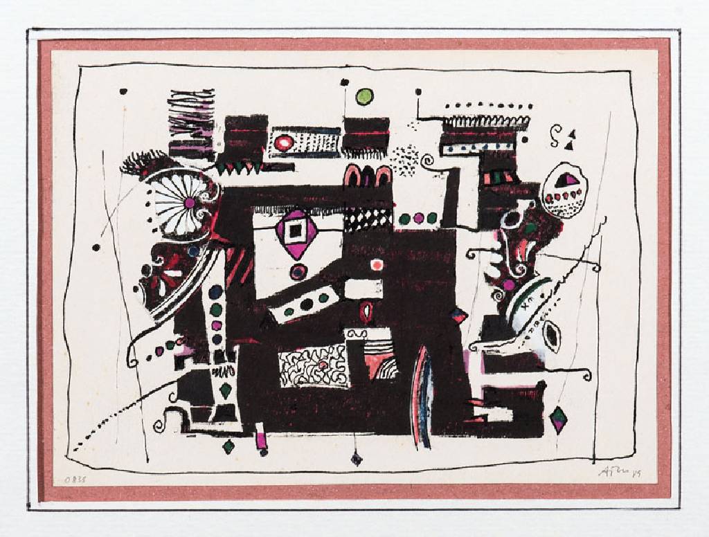 Unbekannter Künstler der DDR, "Maschinenschönheit", Farbserigraphie, unleserlich signiert und datiert 89, ca. 10,5x14,5cm, PP