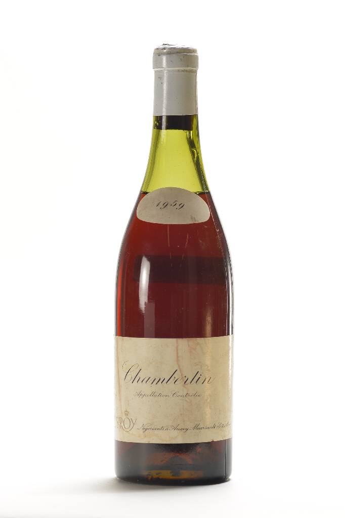 1 Flasche 1959 Leroy Chambertin , Cote D'Or,ca. 75 cl, Abstand zwischen Korken und Wein: ca. 4 cm, Kapsel l. oxidiert und oben besch., selten im ...