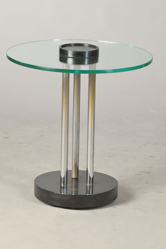 Beistelltisch mit Glasplatte, Art-Deco-Stil, Holz schwarz gefasst/ Chrom, H. 52, D. 50cm, l. Gebr.-sp.