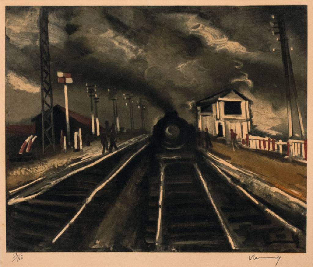 Maurice Vlaminck, 1876-1958, intern. bek. Französischer Künstler, hier: La gare - Der Bahnhof, Farblithographie, sig. u. num. 58/125, Motiv 39x47 ...