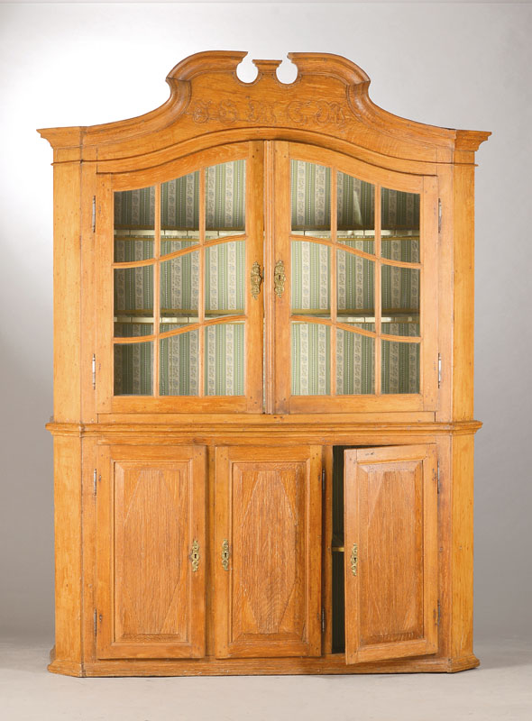 Aufsatzvitrine, norddeutsch, um 1800/10, Eiche massiv, 2-teilig, Kredenz 3-türig,