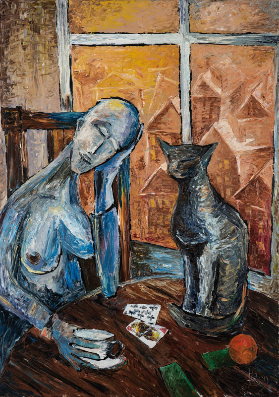 Nikolai Vladimirovih Pivovarov, geb. 1957, Nackte Wahrsagerin vor rotem Sonnenuntergang, 1989, Öl/Lwd, monogrammiert, datiert, rückseitig ...