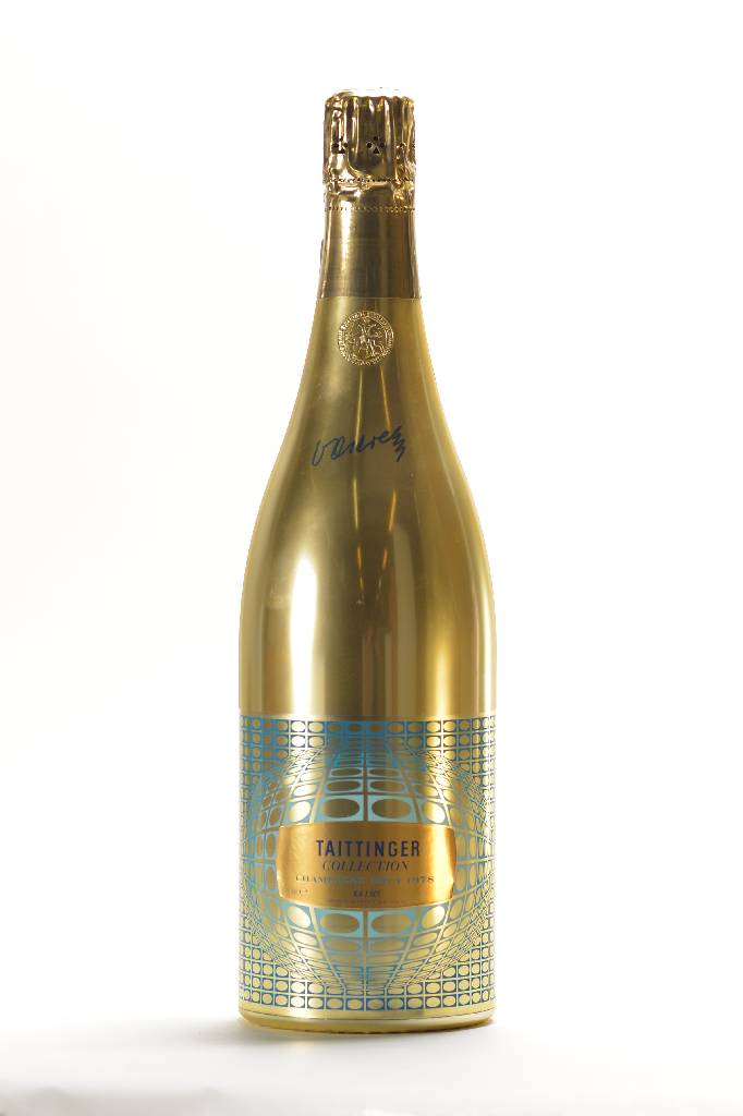 2 Flaschen 1978 Taittinger Collection, Champagner, Brut, Reims, Künstlerflasche: Victor Vasarely, je ca. 75 cl, je ca. 12% Vol., unverkostet, selten ...