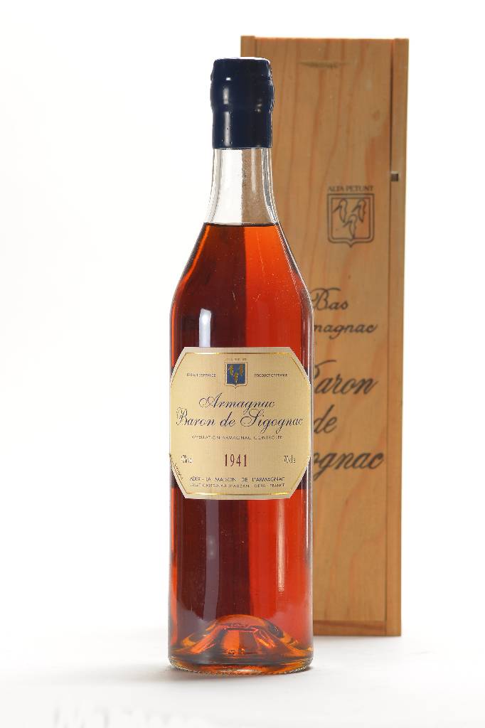 1 Flasche 1941 Baron de Sigognac Armagnac, ca. 70 cl, unverkostet, 40% Vol., Abstand zwischen Kapsel und Armagnac: ca. 4 cm, sehr guter ...