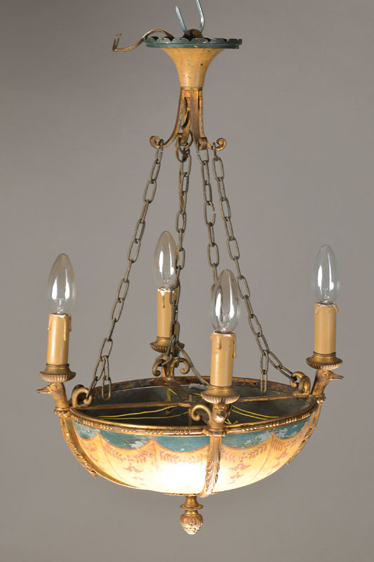 Deckenlampe, nach klassizistischem Vorbild, 1.H.20.Jh., Messinggestell mit abgehängter, nach unten weisender Kubel, diese nach engl. Adam-Vorbild ...