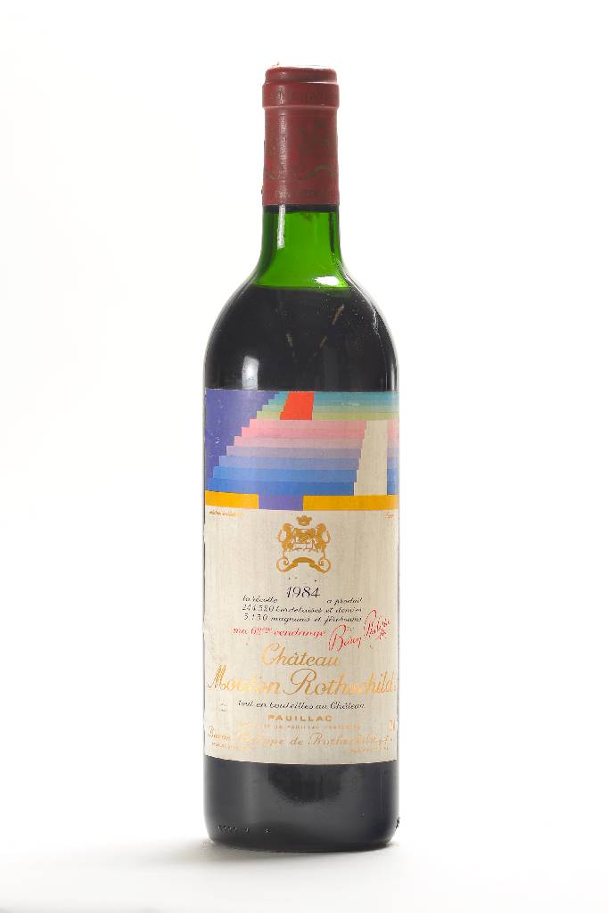 1 Flasche 1984 Chateau Mouton Rothschild, Pauillac, Premier Cru Classe, Künstleretikett:Agam, unverkostet, ca. 75 cl, Füllstand: ca. upper mid ...