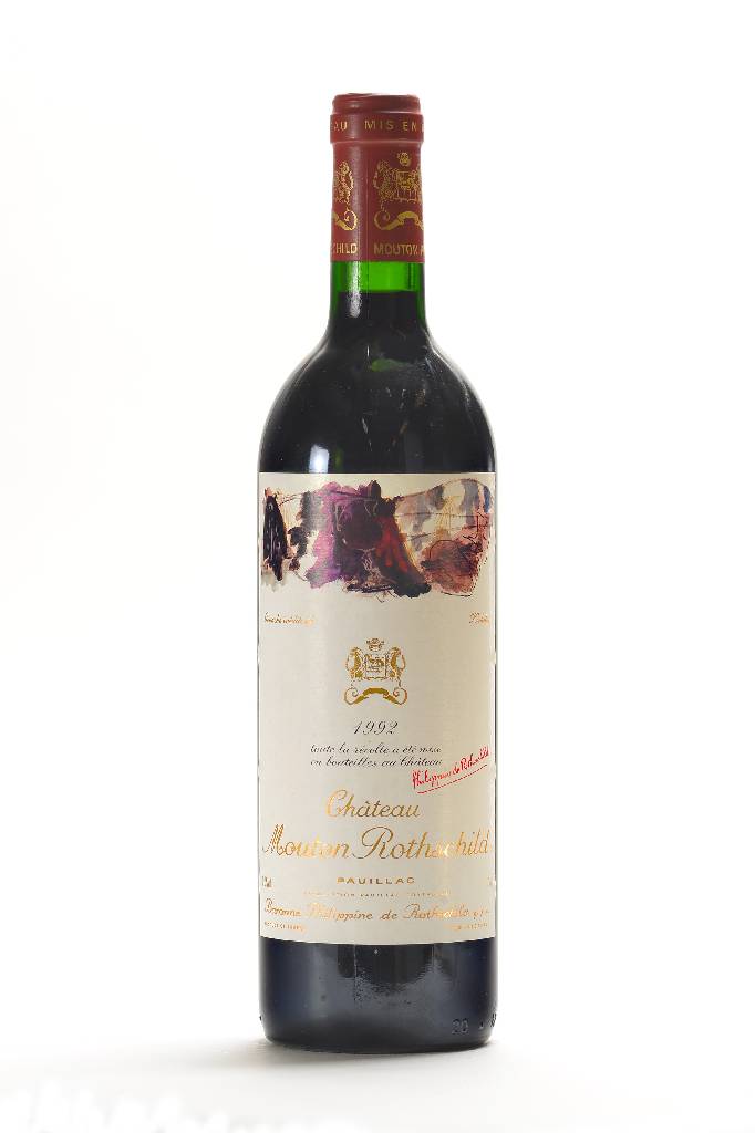 1 Flasche 1992 Chateau Mouton Rothschild, Pauillac, Premier Cru Classe, Künstleretikett:Kirkeby, Füllstand: ca. into neck, unverkostet, selten im ...