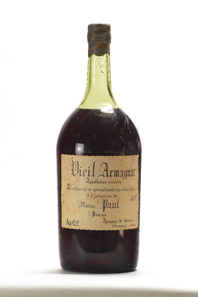 1 Großflasche 1942 Vieil Armagnac, 40% Vol, ca. 250 cl, unverkostet, Abstand zwischen Kapsel und Armagnac: ca. 7,5 cm, l. beschmutzt, in dieser ...